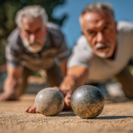 Muži ticho sledujú pétanque ihrisko, ruky vo vreckách, realistická momentk