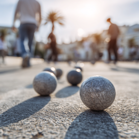 Ultra realistická fotografie malé skupiny hráčů petanque, kteří sledují jednoho hráče připravujícího se na hod, tři až čtyři osoby středoevropského vzhledu přirozeně stojící