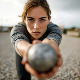 hráčů petanque, kteří si během hry prohlížejí rozložení koulí na hřišti, dva až tři hráči středoevropského vzhledu přirozeně stojící kolem koulí,